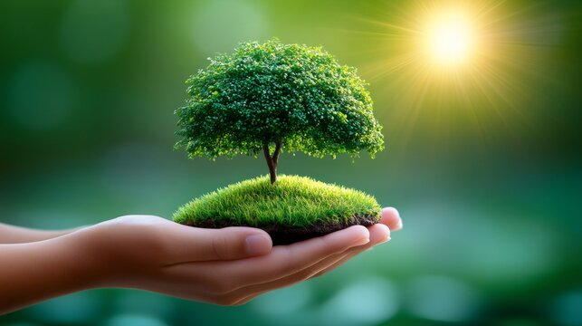 Hands holding growing tree on green background with sunlight