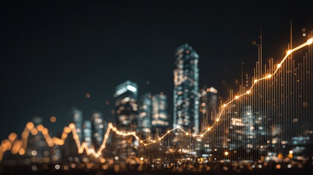 Business graph chart with glowing line on stock trade market. Growth investment with buildings in background. Generative AI financial datum analysis, exchange currency information with modern