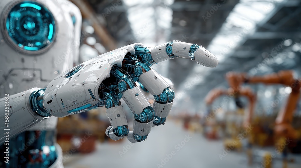 Poster humanoid robot interacting with digital interface in factory setting