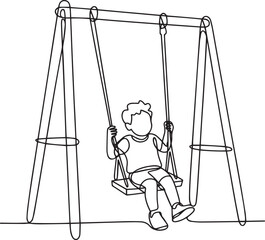 Continuous line art drawing of happy child playing on swing in park, minimalist outdoor fun vector illustration

