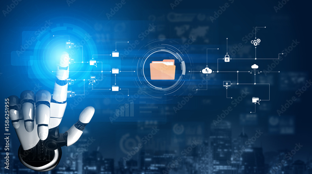 Poster ai artificial intelligence assists digital folder management with smart sorting, cloud structure ana