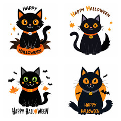 Four Halloween black cat illustrations with text and festive elements orange white