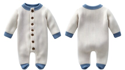 Baby knitted jumpsuit featuring wooden buttons and blue details