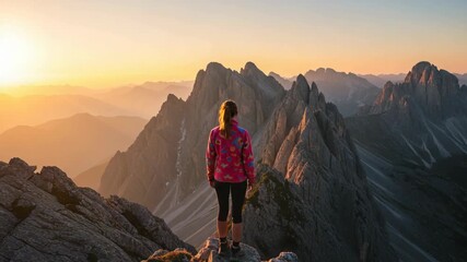 Woman enjoying mountain view at sunset while standing at mountain peak. Mountain peak exploration shows silhouette enjoying beauty of nature in open space.