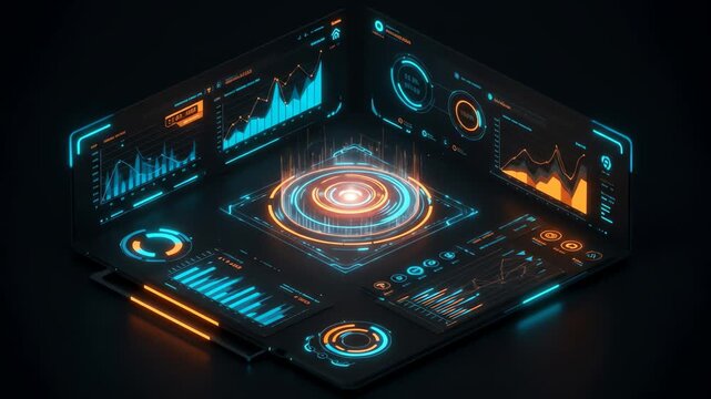 A complex isometric HUD with glowing blue and orange elements displaying various graphs and circular interfaces on a black surface