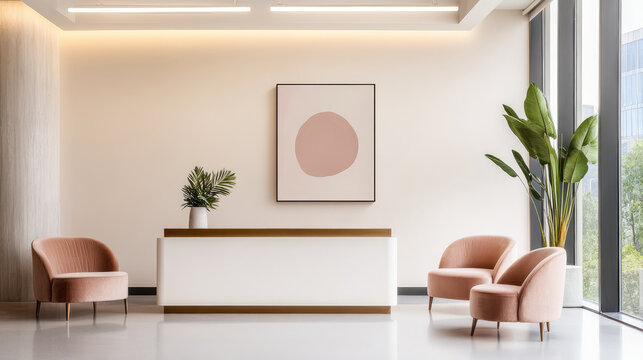 modern office reception area featuring minimalist design with soft pink chairs, sleek white reception desk, and large abstract artwork. space is bright and airy, enhanced by natural light from