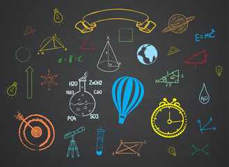 colorful chalk hand drawn educational doodles set with banner