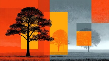   A vibrant tree stands alone in a green field against a backdrop of warm yellows and oranges