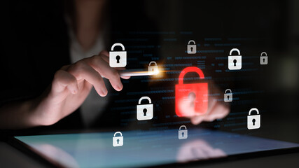 Digital security concept illustrating a cybersecurity breach, with a red unlocked padlock indicating data exposure among secure systems, emphasizing system vulnerability and risk Latch