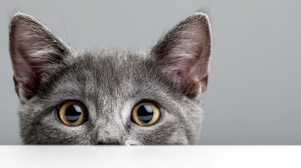 Photo of a gray Shorthair kitten frightened cat with drooping ears peeking out from behind a white table with copy space