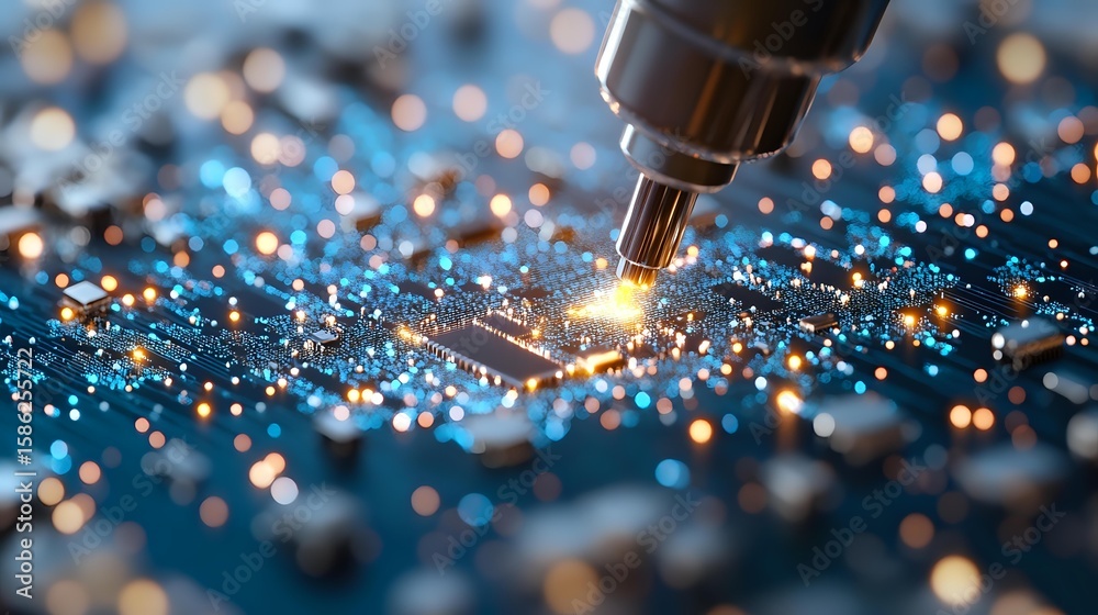 Poster macro shot of electronic circuit board with soldering iron tip creating bright sparks and bokeh effe