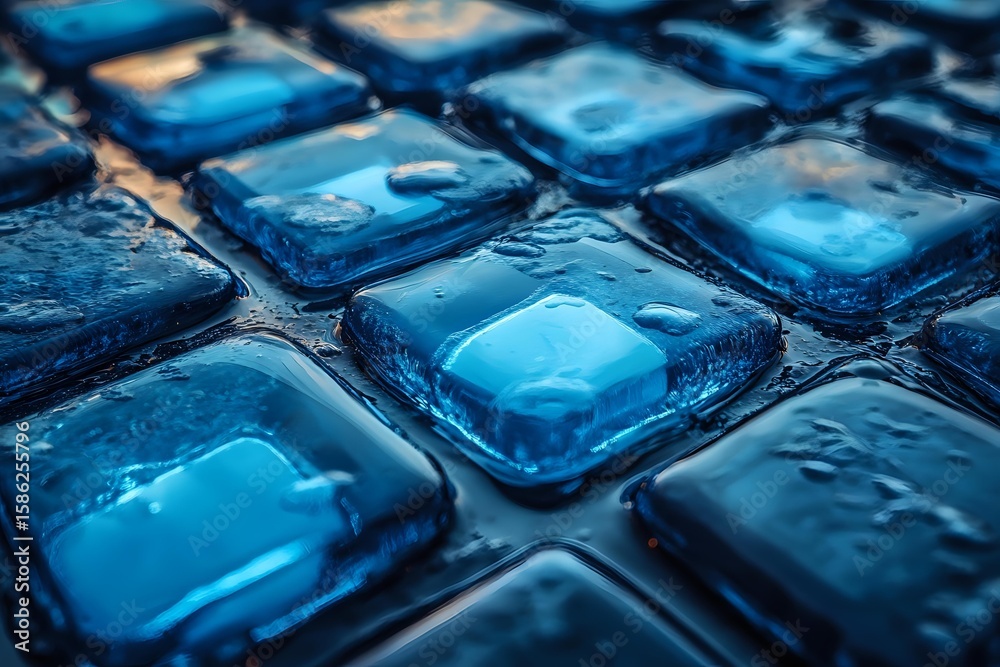 Poster Macro view of blue glass tiles with water drops creating reflective surface and depth effect. Abstract architectural background with wet glossy texture.