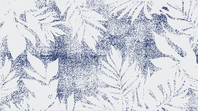 Distressed botanical leaf silhouettes stencil with a textured indigo blue background. Natural, organic and rustic aesthetic border. Perfect for textiles, backgrounds, and digital art.

