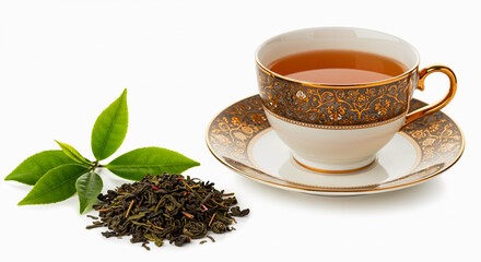 Traditional Indian herbal spicy masala tea cup with green   tree leaves and dry tea, white background, copy space