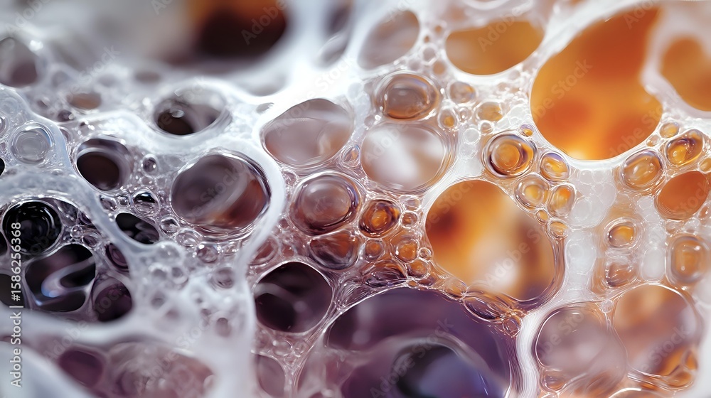 Poster macro photography of soap bubbles in orange and purple gradient colors creating abstract pattern wit