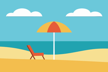 Simple beach scene with umbrella and chair, sunny day.