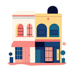Fototapeta premium Minimalist flat vector illustration of colorful two connected shop buildings with arched windows and modern storefronts in pastel palette