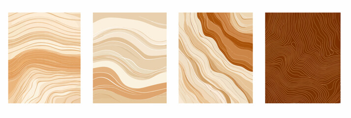 Set of four abstract minimalist vector backgrounds with organic wavy lines patterns in beige and caramel brown tones for modern decorative design