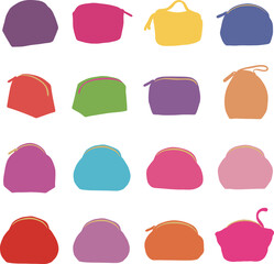 Colorful Purse and Pouch Silhouettes: A vibrant vector illustration set featuring various shapes of small bags, coin purses, and cosmetic pouches, ideal for fashion, beauty and retail design.