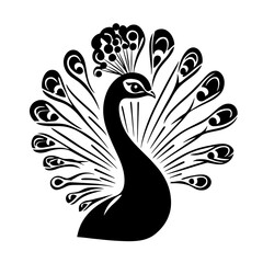 Fototapeta premium Black and white minimalist vector illustration of peacock with spread decorative tail feathers in flat silhouette style for animal and nature design concept