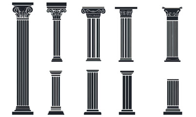 Set of ten classical ancient Greek and Roman columns silhouettes with various decorative capitals and bases vector clipart flat style design illustration