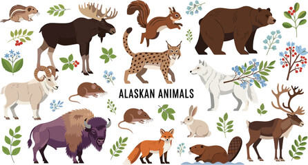 Alaskan animals. Vector illustration of North American mammals, such as moose, lynx, grizzly bear, polar white wolf, bison, red fox and beaver. 