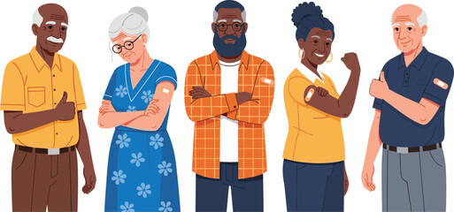 Group of vaccinated senior people. Vector illustration of diverse cartoon smiling elderly men and women with a patch on the shoulder.