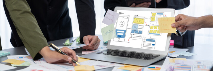 Analyst team use sticky note for creative and analytic brainstorm for business idea with BI data...