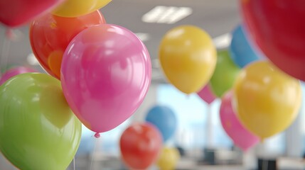 Close-up of colorful balloons in a festive office setting, perfect for celebration and party themes in a modern work environment.