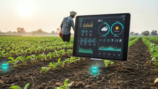 A farmer in a field with rows of crops and sensor devices next to a tablet displaying graphs  weather patterns