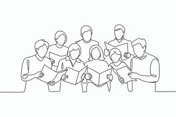 Group of people reading books together in a continuous line drawing silhouette isolated on white background