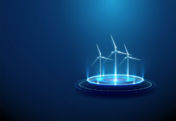 Wind turbines on futuristic podium. Renewable energy, wind power and sustainable development concept. Glowing elements, sci-fi platform, wireframe structure.
