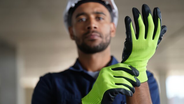 Construction worker putting on the gloves and hard hat preparing for work at construction site.