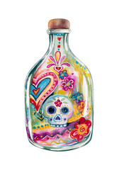 Glass painted tequila bottle hand drawn watercolor illustration isolated on white. Alcoholic drink for Mexican holiday Day of the Dead with skulls, heart, pattern and flower bright clip art for design