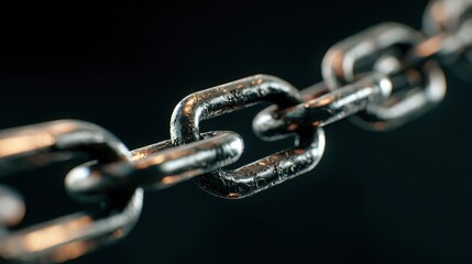 Fototapeta premium Metal chain links, close-up, metallic shine, connected, dark background with bokeh