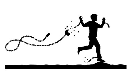 Vector art of man breaks free from chains, running towards liberation isolated on transparent background