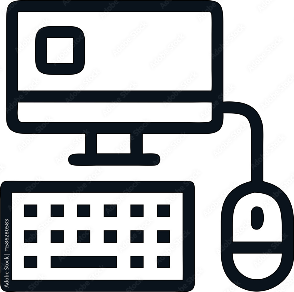 Poster desktop computer vector icon in flat style for web and apps. monitor, keyboard, mouse