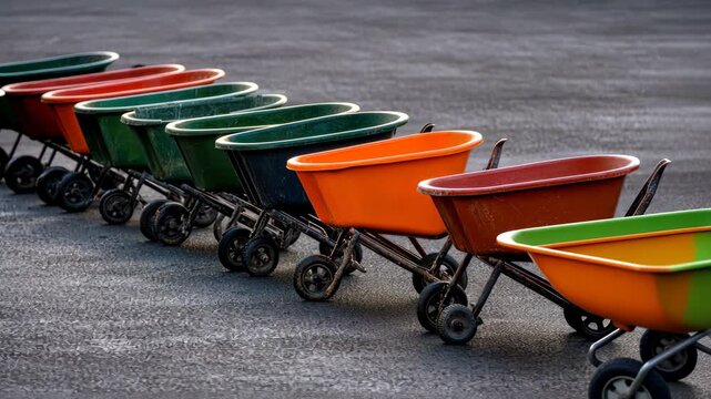 Brightly colored wheelbarrows are positioned in a clean row, prepared for various tasks on the construction site under clear skies