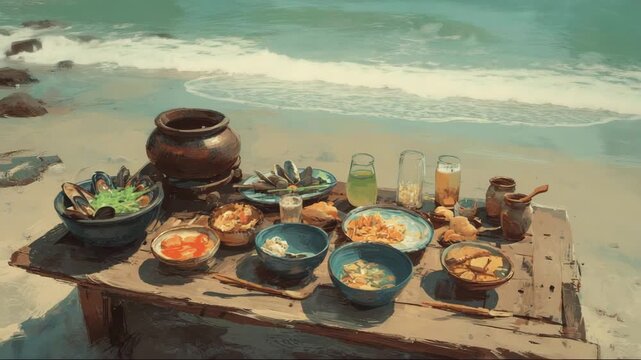 Traditional seafood feast displayed on a table by the beach  