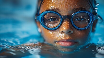Fototapeta premium Close-up of a child's face, partially submerged in a swimming pool, wearing goggles