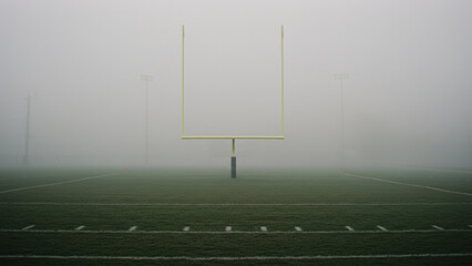 An empty high school football field on a foggy morning. The focus is on the goalpost.