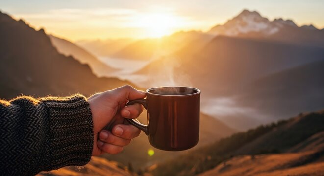 Hand holding steaming coffee mug with scenic mountain sunrise view in autumn landscape.