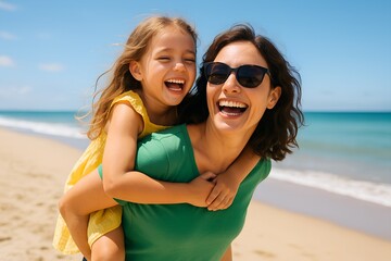 Joyful Mother Daughter Bonding at the Beach Cheerful Summer Fun and Laughter on Tropical Seaside Holiday