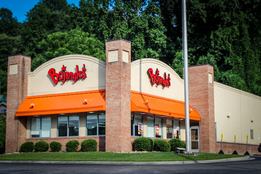 Bryson City, North Carolina - July 5, 2025: A Bojangles restaurant set against a background of beautiful trees. For Editorial Use.