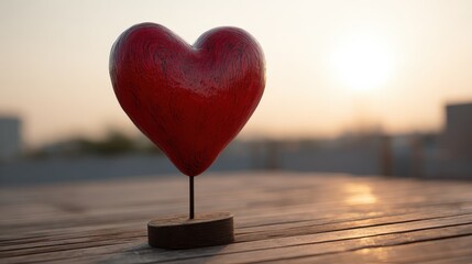 Fototapeta premium Red heart sculpture on wood, sunset background, love symbol