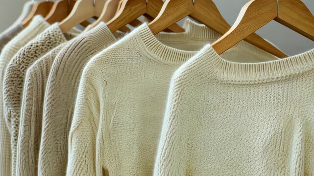 A collection of cozy sweaters hangs neatly, highlighting various textures and designs ideal for autumn fashion trends