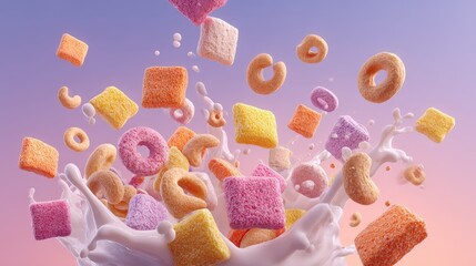 Colorful breakfast cereal pieces splash into a bowl of milk against a purple background.