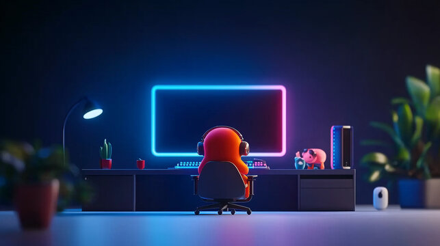 A cartoon character sits gaming in a modern, neon-lit room.