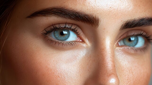 Close up of caucasian woman showing perfect eyebrows and blue eyes