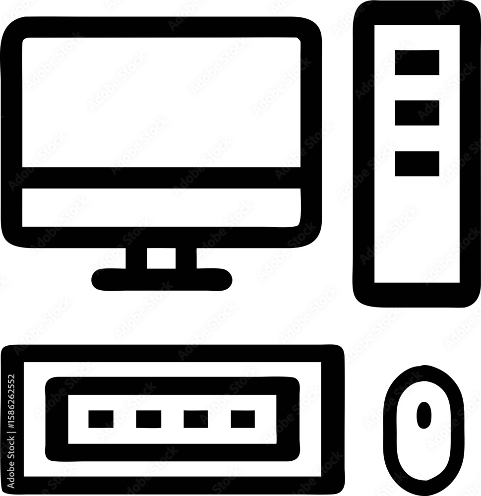 Poster flat icon of desktop computer setup with monitor, cpu , keyboard and mouse